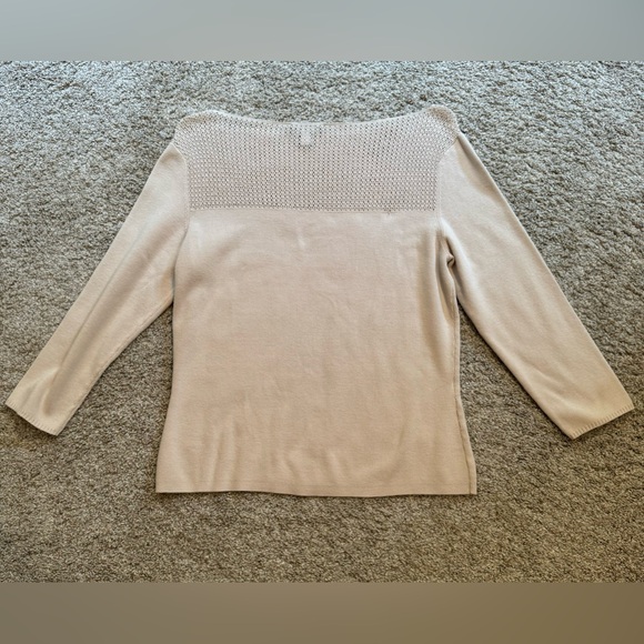Ann Taylor Sweater 3/4 sleeves open knit yoke at shoulders khaki large - Picture 3 of 5